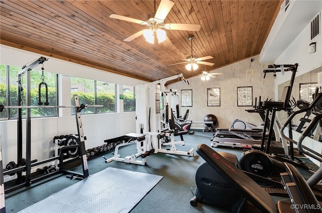 2106 Turtle Run Dr Unit 3, Henrico, VA 23233 - workout area featuring a ceiling fan, wooden ceiling, and lofted ceiling