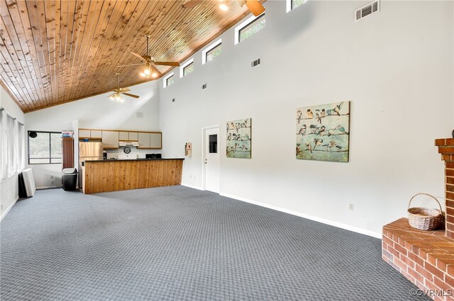 2106 Turtle Run Dr Unit 3, Henrico, VA 23233 - living room with high vaulted ceiling, a ceiling fan, dark carpet, baseboards, and wood ceiling