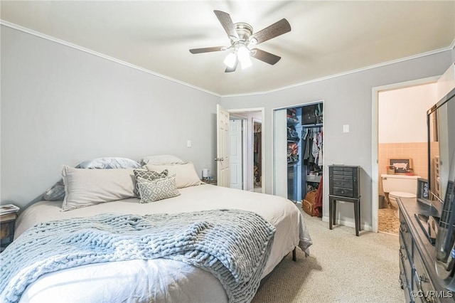 2301 White Chapel Rd, Lancaster, VA 22503 - bedroom with light carpet, crown molding, a closet, ceiling fan, and ensuite bath