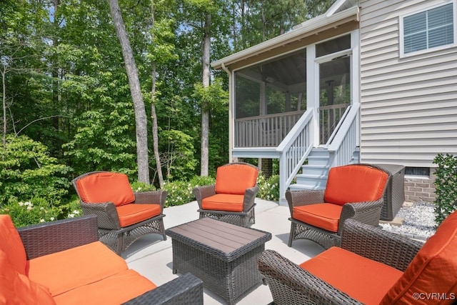15942 Fishers Green Dr, Chesterfield, VA 23832 - view of patio / terrace with outdoor lounge area, a sunroom, and stairway