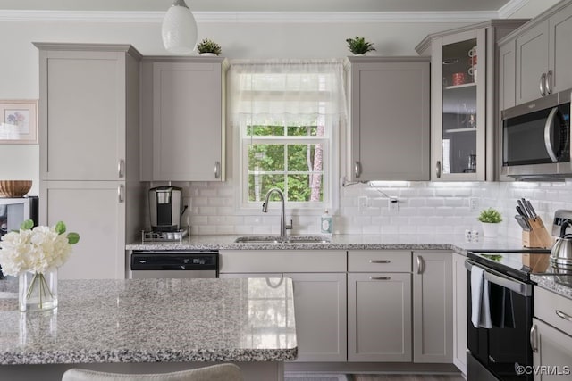 15942 Fishers Green Dr, Chesterfield, VA 23832 - kitchen featuring appliances with stainless steel finishes, gray cabinetry, decorative backsplash, glass insert cabinets, and ornamental molding