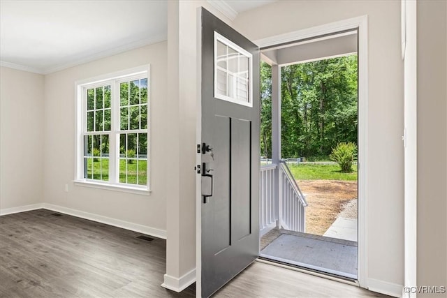 13601 Pole Run Rd, Disputanta, VA 23842 - entryway with crown molding, baseboards, and wood finished floors