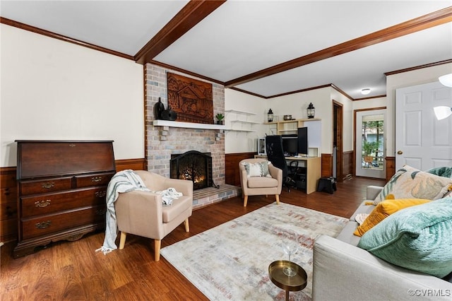 4337 Collingswood Dr, Chesterfield, VA 23832 - living area featuring crown molding, wainscoting, wood finished floors, a fireplace, and beam ceiling