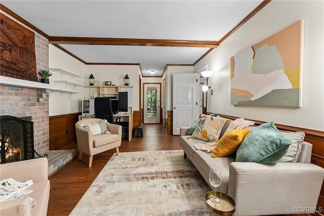 4337 Collingswood Dr, Chesterfield, VA 23832 - living area with wood finished floors, beam ceiling, ornamental molding, a brick fireplace, and wainscoting