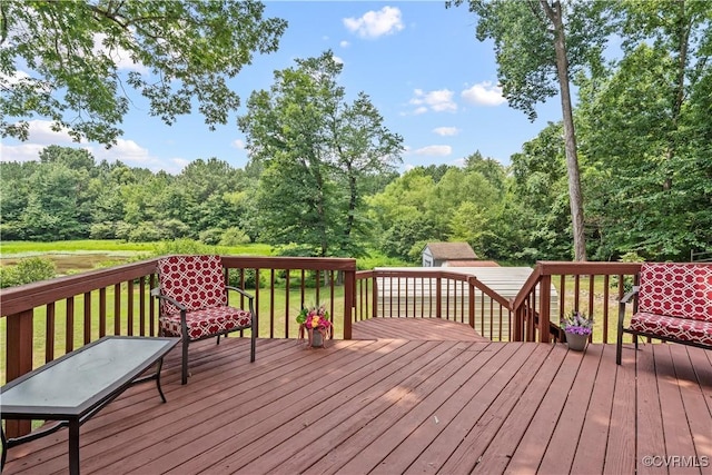 10050 S General Blvd, North Chesterfield, VA 23237 - wooden terrace with a forest view and a storage shed