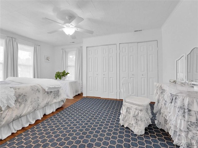 110 Gatewood Ave, Crewe, VA 23930 - bedroom with multiple closets, wood finished floors, and ceiling fan