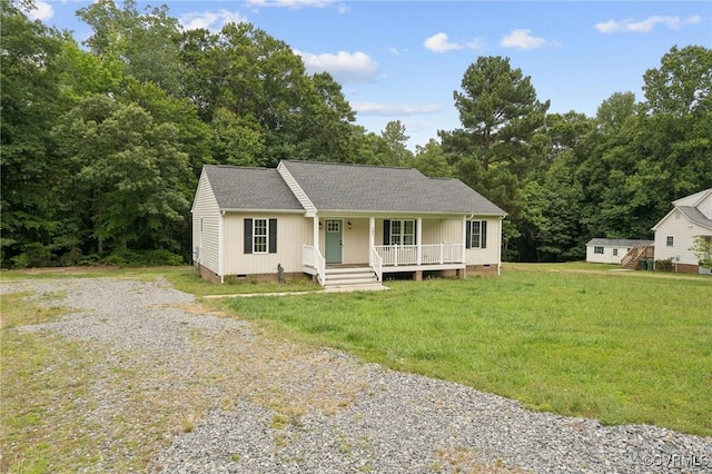 241 Deep Landing Rd, Tappahannock, VA 22560 - ranch-style home with crawl space, covered porch, driveway, a front lawn, and a shingled roof