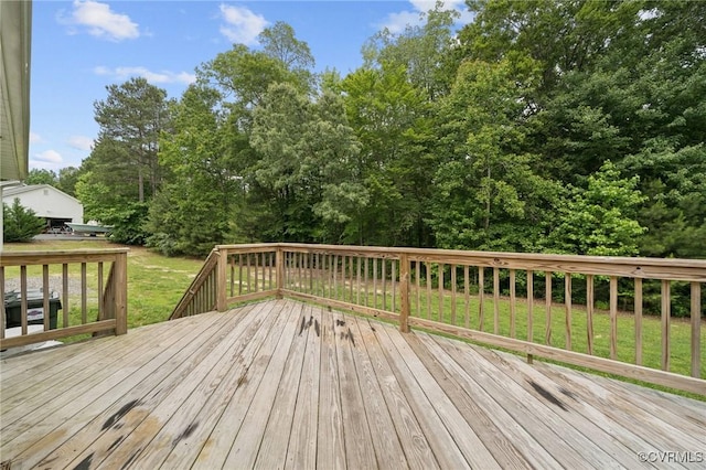 241 Deep Landing Rd, Tappahannock, VA 22560 - wooden terrace featuring a lawn and view of wooded area