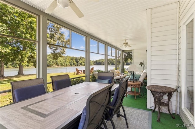 183 Nimcock Rd, Urbanna, VA 23175 - sunroom featuring ceiling fan, outdoor dining space, and a water view