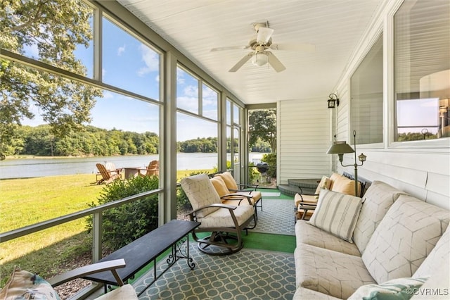 183 Nimcock Rd, Urbanna, VA 23175 - sunroom / solarium with a water view, an outdoor living space, and a ceiling fan