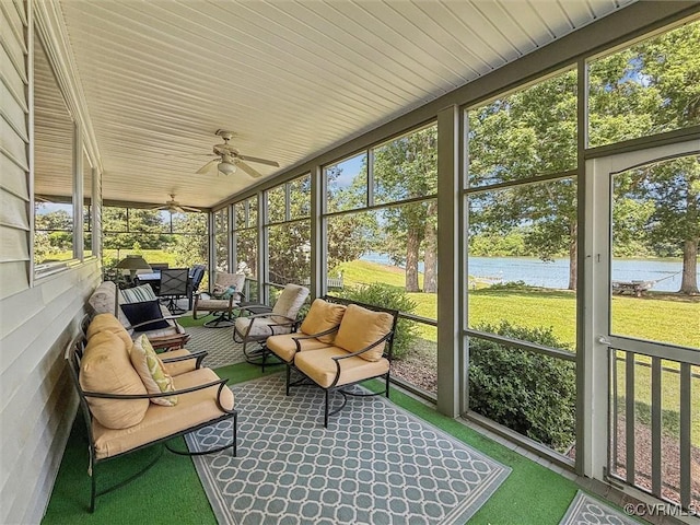 183 Nimcock Rd, Urbanna, VA 23175 - sunroom featuring a water view, ceiling fan, and an outdoor living space