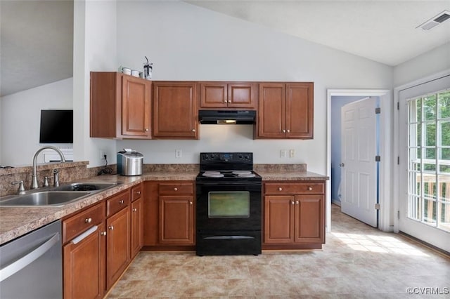2212 Sara Ann Ct, Aylett, VA 23009 - kitchen with black range with electric cooktop, dishwasher, a sink, vaulted ceiling, and under cabinet range hood