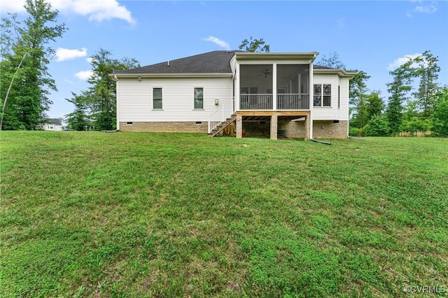 216 Edwin Cir, Aylett, VA 23009 - rear view of house with crawl space, a sunroom, stairway, and ceiling fan
