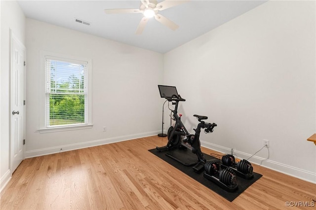 216 Edwin Cir, Aylett, VA 23009 - exercise room featuring light wood finished floors, baseboards, and a ceiling fan