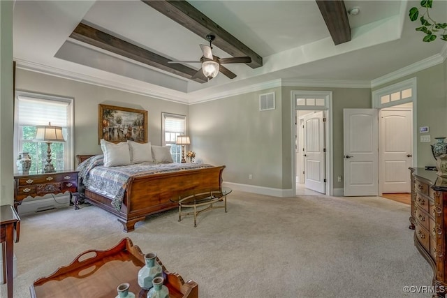 12700 Dell Hill Ct, Chester, VA 23831 - carpeted bedroom featuring ornamental molding, beamed ceiling, a ceiling fan, and baseboards