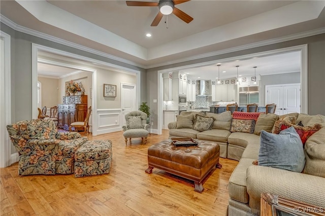 12700 Dell Hill Ct, Chester, VA 23831 - living area with ceiling fan, light wood-style flooring, crown molding, recessed lighting, and a raised ceiling