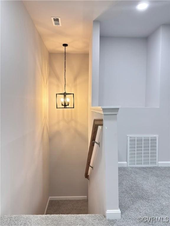 7906 Battlefield Park Rd, Henrico, VA 23231 - stairs featuring a chandelier and carpet flooring