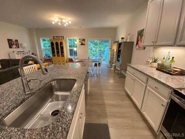 120 De La Warr Arch, Williamsburg, VA 23185 - kitchen featuring dark stone countertops, healthy amount of natural light, light wood-style floors, and white cabinetry