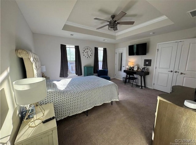 120 De La Warr Arch, Williamsburg, VA 23185 - bedroom with a raised ceiling, carpet flooring, ornamental molding, and ceiling fan