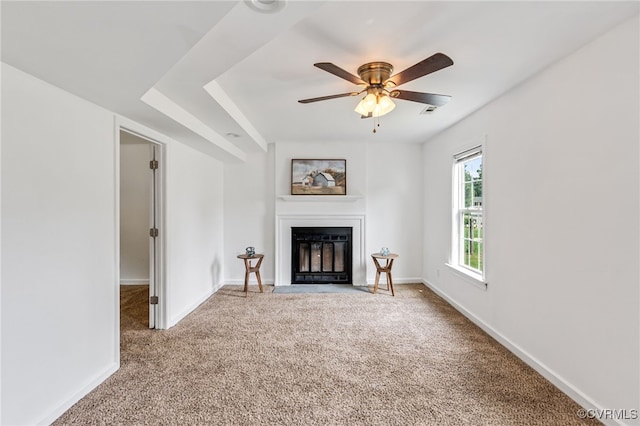 6124 Manuel Ct, Chesterfield, VA 23234 - unfurnished living room with carpet floors, a fireplace with flush hearth, a ceiling fan, and baseboards