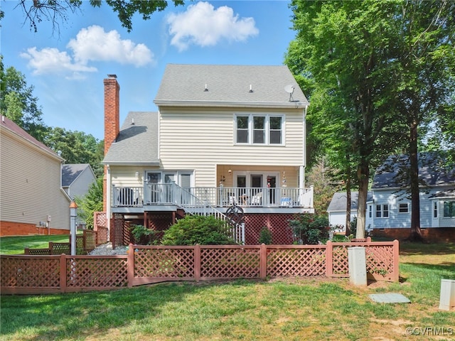 12503 Winchester Green Ct, Henrico, VA 23233 - back of house featuring stairs, a wooden deck, a chimney, and a yard