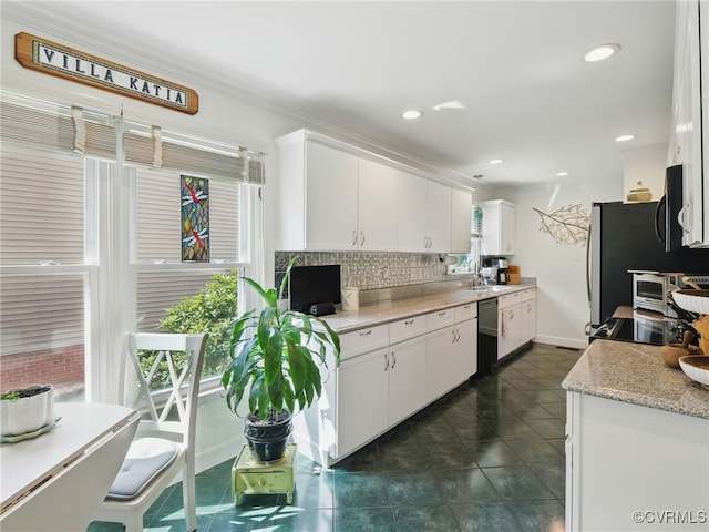 12503 Winchester Green Ct, Henrico, VA 23233 - kitchen featuring backsplash, dishwashing machine, white cabinetry, dark tile patterned floors, and recessed lighting