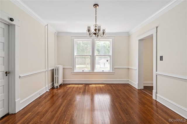 2707 Sherbourne Rd, Chesterfield, VA 23237 - unfurnished dining area featuring radiator, a chandelier, hardwood / wood-style flooring, and ornamental molding