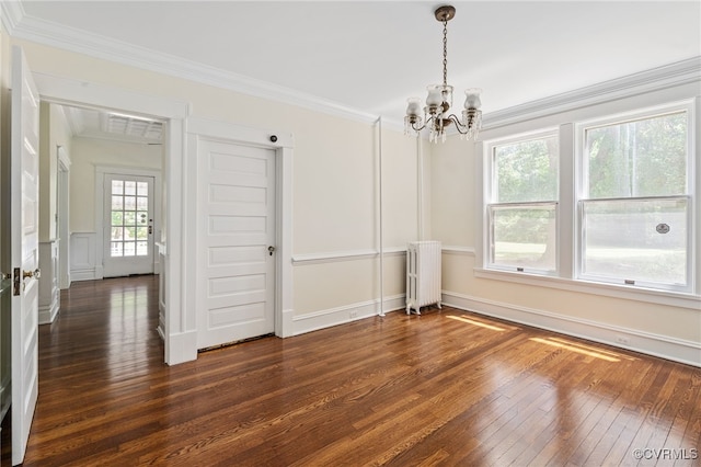 2707 Sherbourne Rd, Chesterfield, VA 23237 - unfurnished dining area featuring radiator, a chandelier, dark wood-style flooring, and ornamental molding