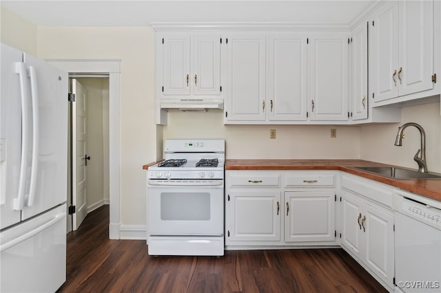 2707 Sherbourne Rd, Chesterfield, VA 23237 - kitchen featuring white appliances, under cabinet range hood, dark wood-type flooring, and white cabinets