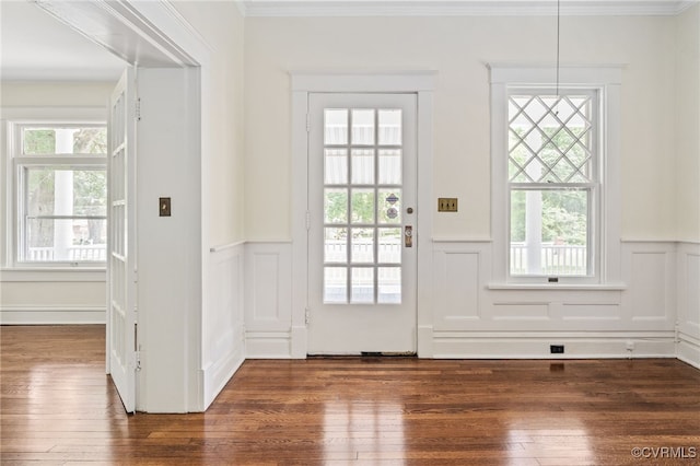 2707 Sherbourne Rd, Chesterfield, VA 23237 - doorway to outside with a wainscoted wall, dark wood finished floors, and a decorative wall