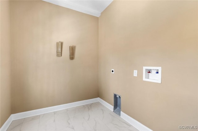 3210 3rd Ave, Richmond, VA 23222 - laundry area featuring hookup for a washing machine, hookup for an electric dryer, light marble finish flooring, and baseboards