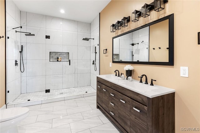 3210 3rd Ave, Richmond, VA 23222 - full bathroom featuring marble look tile flooring, a shower stall, toilet, double vanity, and recessed lighting