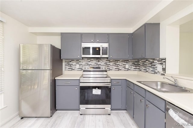 8406 Shannon Green Ct, Henrico, VA 23228 - kitchen featuring stainless steel appliances, gray cabinetry, light wood-style floors, light countertops, and tasteful backsplash