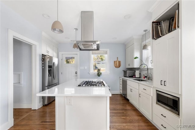 4100 Patterson Ave, Richmond, VA 23221 - kitchen with stainless steel appliances, exhaust hood, a center island, dark wood finished floors, and recessed lighting