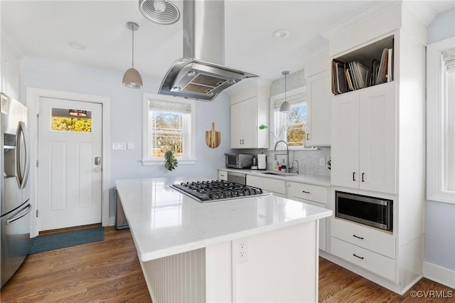 4100 Patterson Ave, Richmond, VA 23221 - kitchen featuring island range hood, stainless steel appliances, wood finished floors, and plenty of natural light