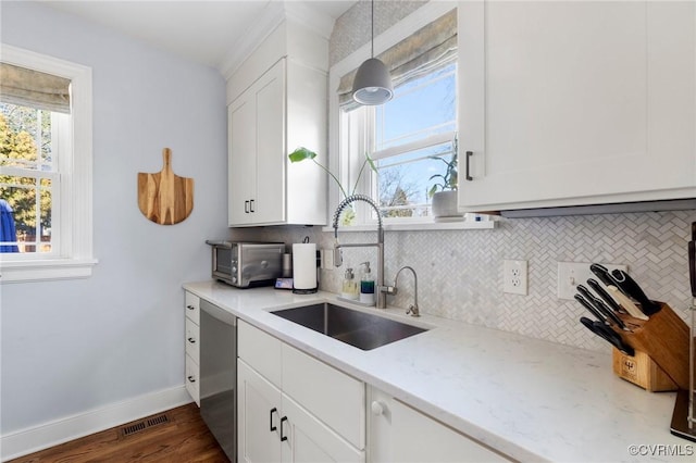 4100 Patterson Ave, Richmond, VA 23221 - kitchen featuring decorative backsplash, stainless steel dishwasher, and white cabinetry
