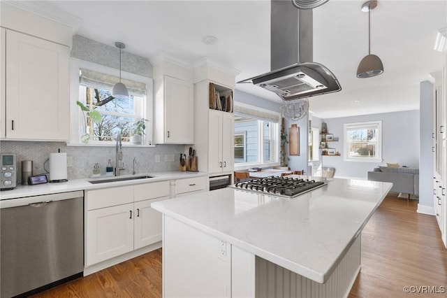 4100 Patterson Ave, Richmond, VA 23221 - kitchen featuring appliances with stainless steel finishes, island exhaust hood, wood finished floors, tasteful backsplash, and a center island