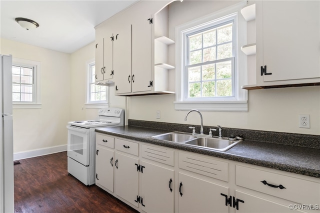 6610 St George St, Chesterfield, VA 23237 - kitchen featuring white appliances, open shelves, dark countertops, dark wood-style flooring, and white cabinetry
