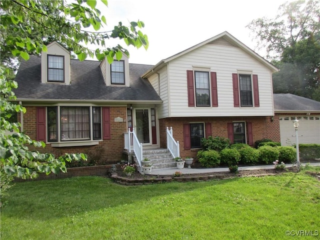 2803 Cannon Rd, Glen Allen, VA 23060 - tri-level home with brick siding, a garage, a front yard, and roof with shingles