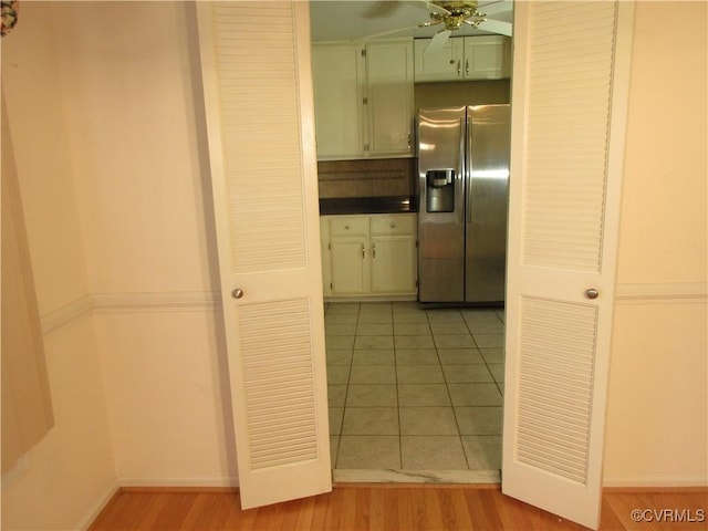 2803 Cannon Rd, Glen Allen, VA 23060 - kitchen featuring stainless steel fridge with ice dispenser, ceiling fan, dark countertops, and light tile patterned floors