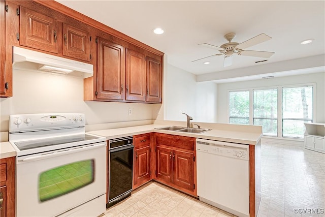 13542 Heathbrook Ter, Midlothian, VA 23112 - kitchen with white appliances, under cabinet range hood, a peninsula, light countertops, and ceiling fan