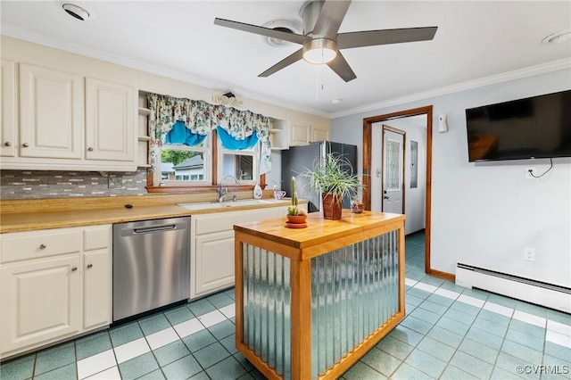 12418 Gravelbrook Rd, South Prince George, VA 23805 - kitchen with dishwasher, butcher block countertops, freestanding refrigerator, ceiling fan, and open shelves