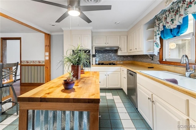 12418 Gravelbrook Rd, South Prince George, VA 23805 - kitchen with butcher block countertops, dishwasher, black stovetop, white cabinetry, and a kitchen island