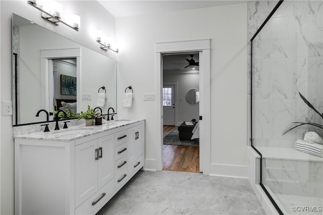 11 W 29th St, Richmond, VA 23225 - bathroom with ensuite bath, double vanity, a marble finish shower, and marble finish floors