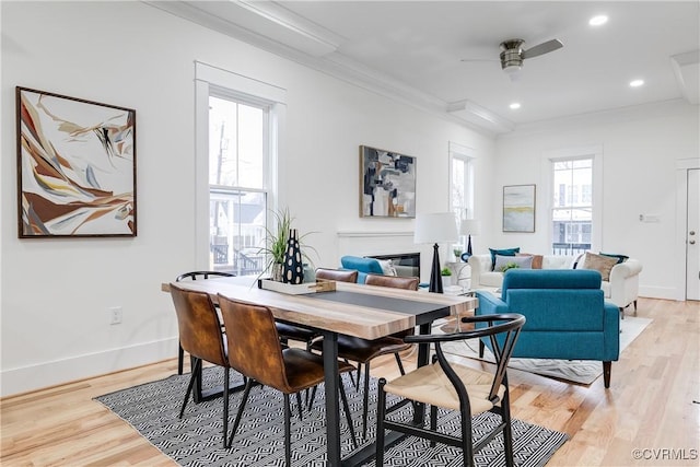 11 W 29th St, Richmond, VA 23225 - dining area featuring crown molding, light wood finished floors, ceiling fan, and recessed lighting
