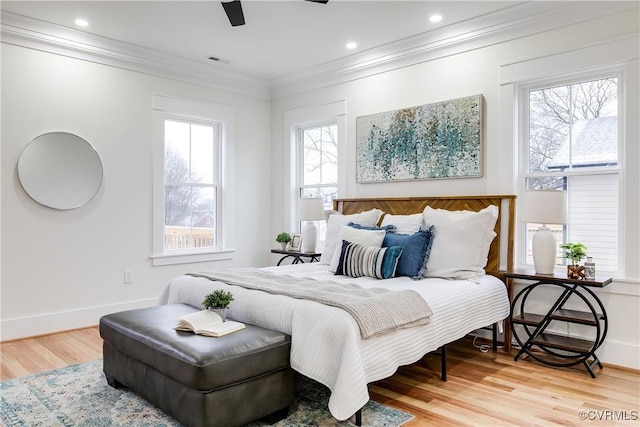 11 W 29th St, Richmond, VA 23225 - bedroom featuring light wood-style flooring, ornamental molding, a ceiling fan, and recessed lighting