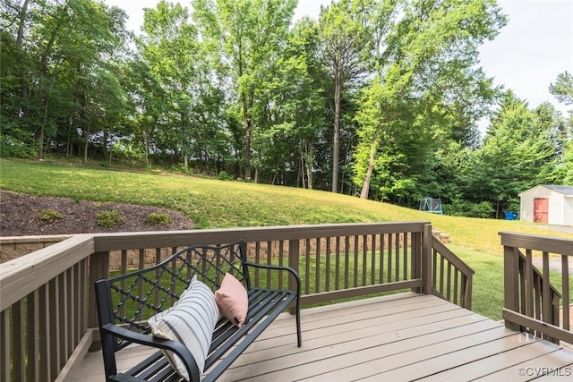 206 Michaux Crossing Ln, Chesterfield, VA 23113 - wooden terrace with a lawn, a shed, and view of wooded area