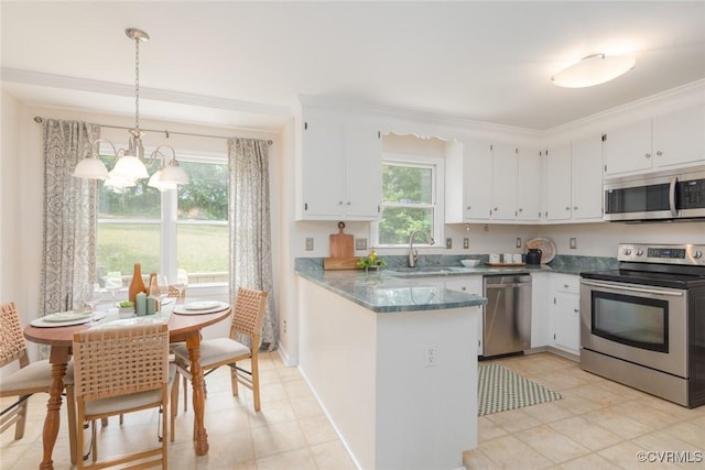 206 Michaux Crossing Ln, Chesterfield, VA 23113 - kitchen featuring appliances with stainless steel finishes, white cabinetry, a peninsula, and a chandelier