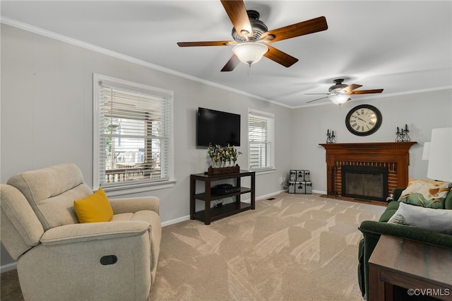 1948 Neptune Dr, North Chesterfield, VA 23235 - living room featuring crown molding, a ceiling fan, light carpet, and a brick fireplace