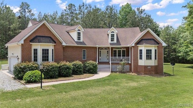 13531 Butlers Rd, Amelia Courthouse, VA 23002 - cape cod house featuring a porch, brick siding, a front lawn, an attached garage, and view of wooded area